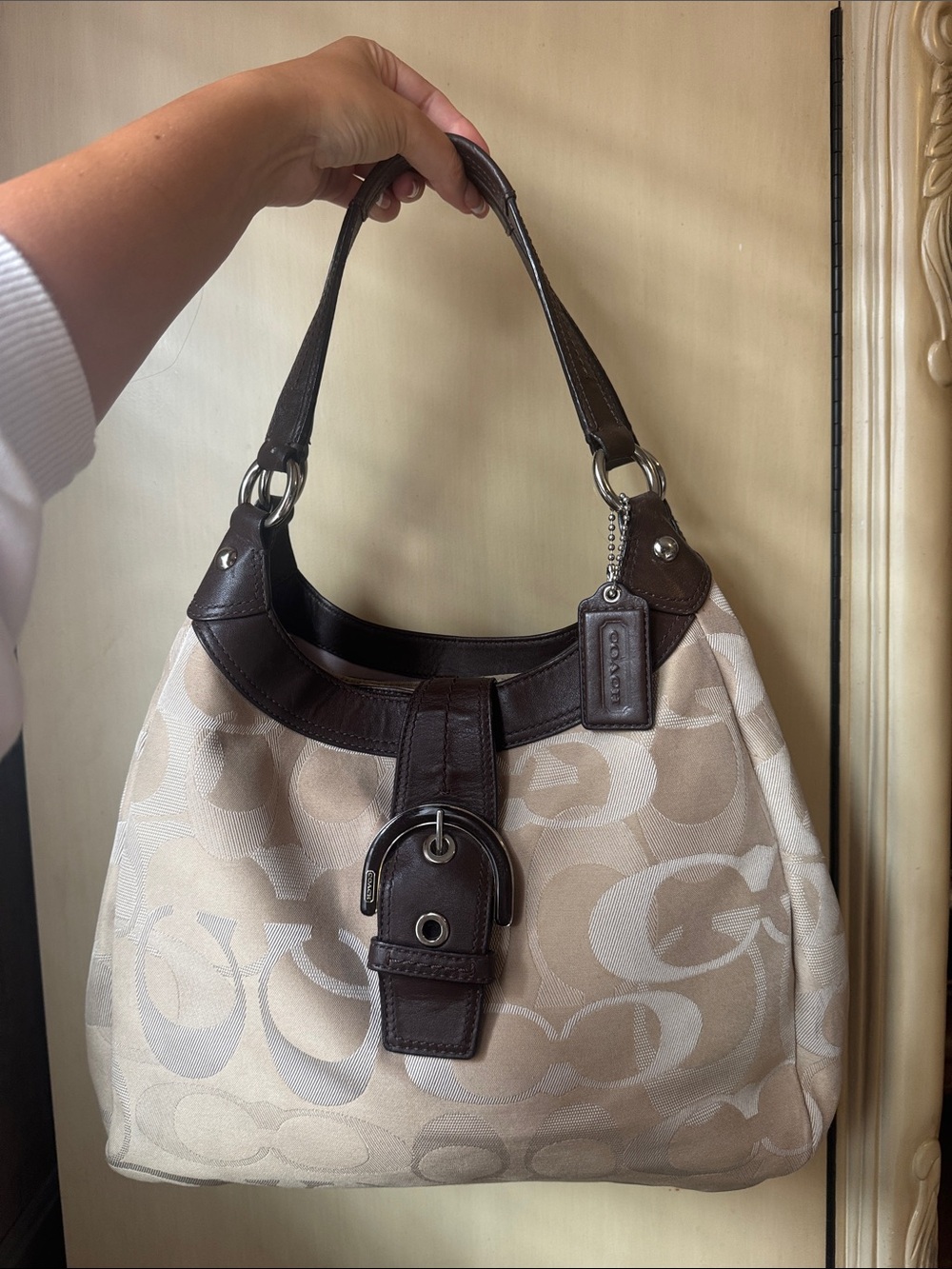 Coach Tan and Brown Signature Shoulder Bag